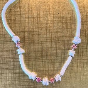 White shell necklace with pink flowers, 16”